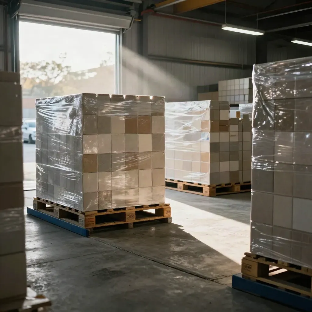 Wrapped tile pallets in a sunlit warehouse aisle at the loading bay.