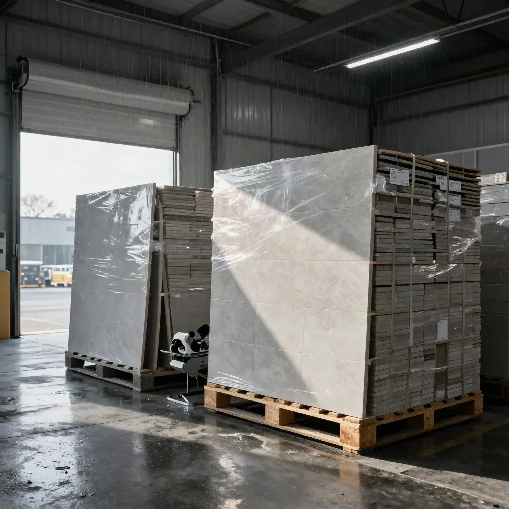 Rainy tile warehouse with stacked porcelain pallets, wet saw, and sunrise through loading bay.