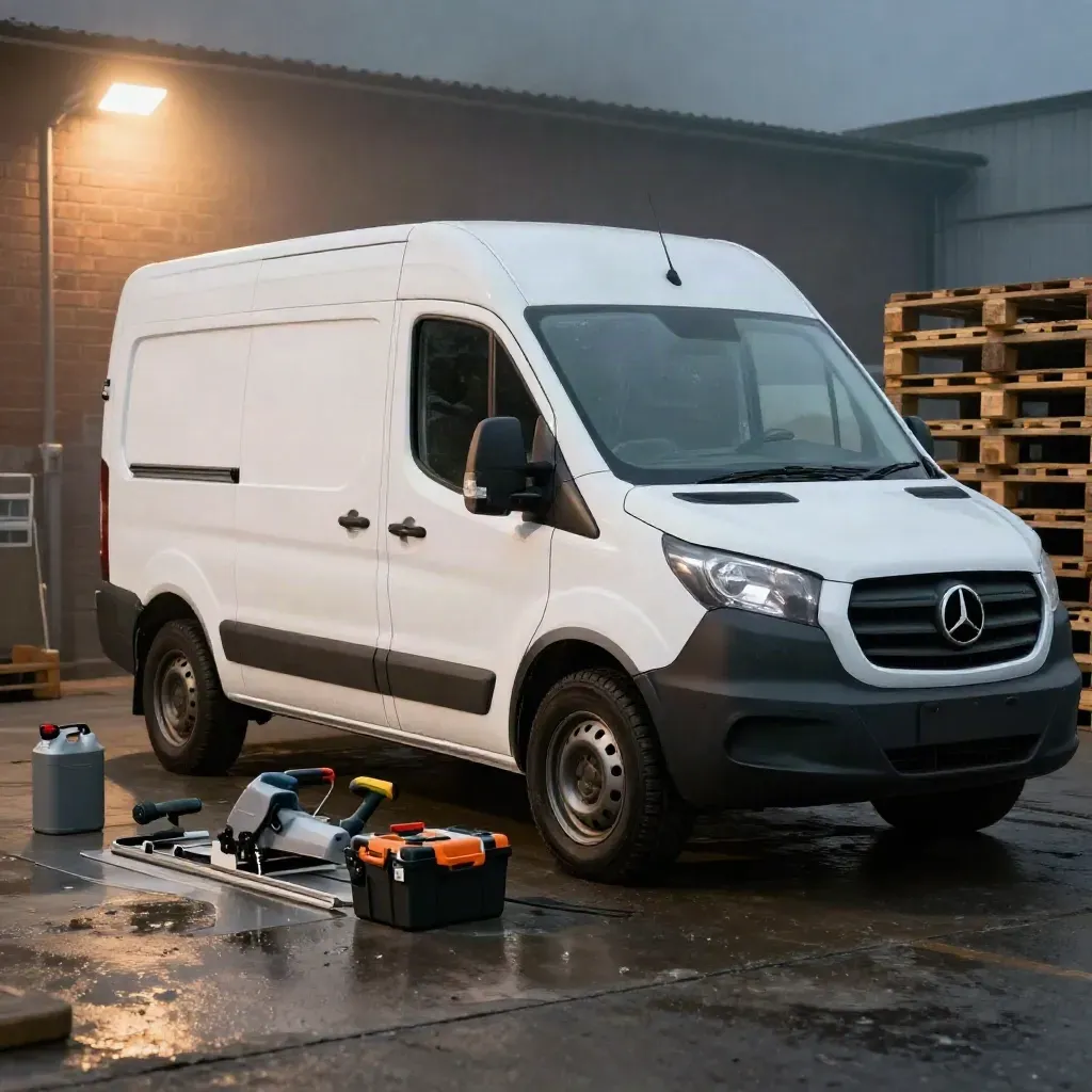 Plain site van beside a wet saw and tools in a tidy yard, shot low in cool morning haze.