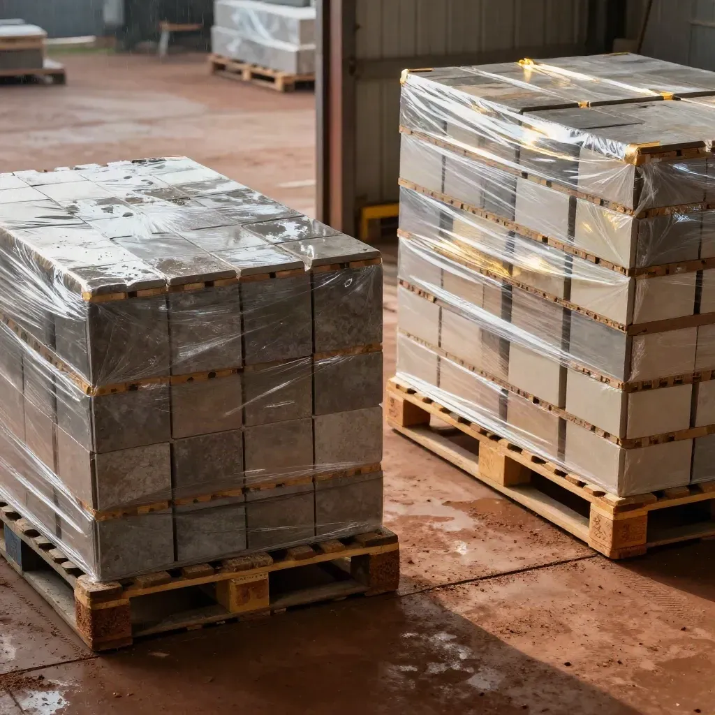 High-angle trade yard with incoming tile pallets and outgoing wrapped orders in drizzle.