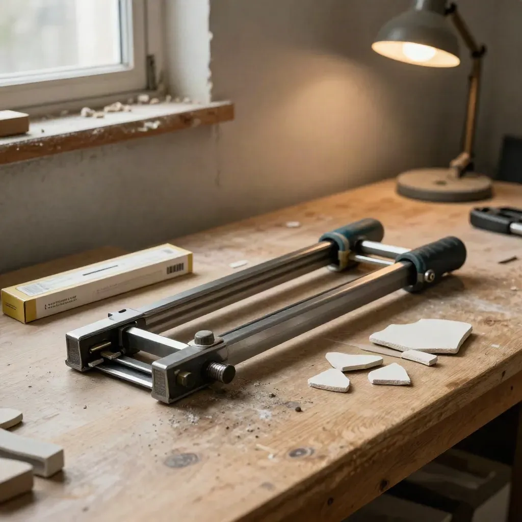 Tile cutters and blade set on a dusty workshop bench in soft window light.
