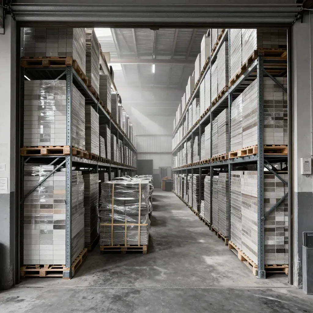 Wide tile stock room with pallet racks, wrapped outbound pallets and misty light