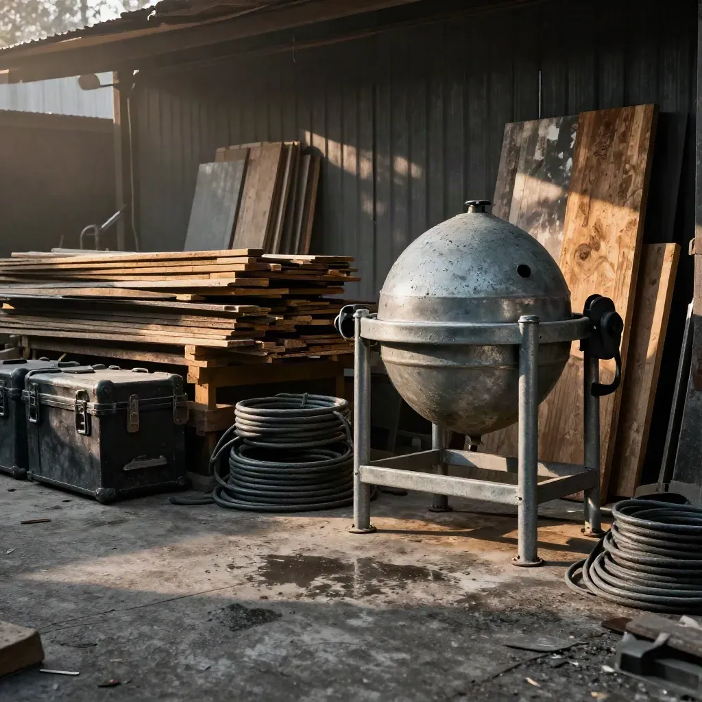 Leased site kit staged in a Reading fit-out yard beside stacked boards, lit by warm haze.