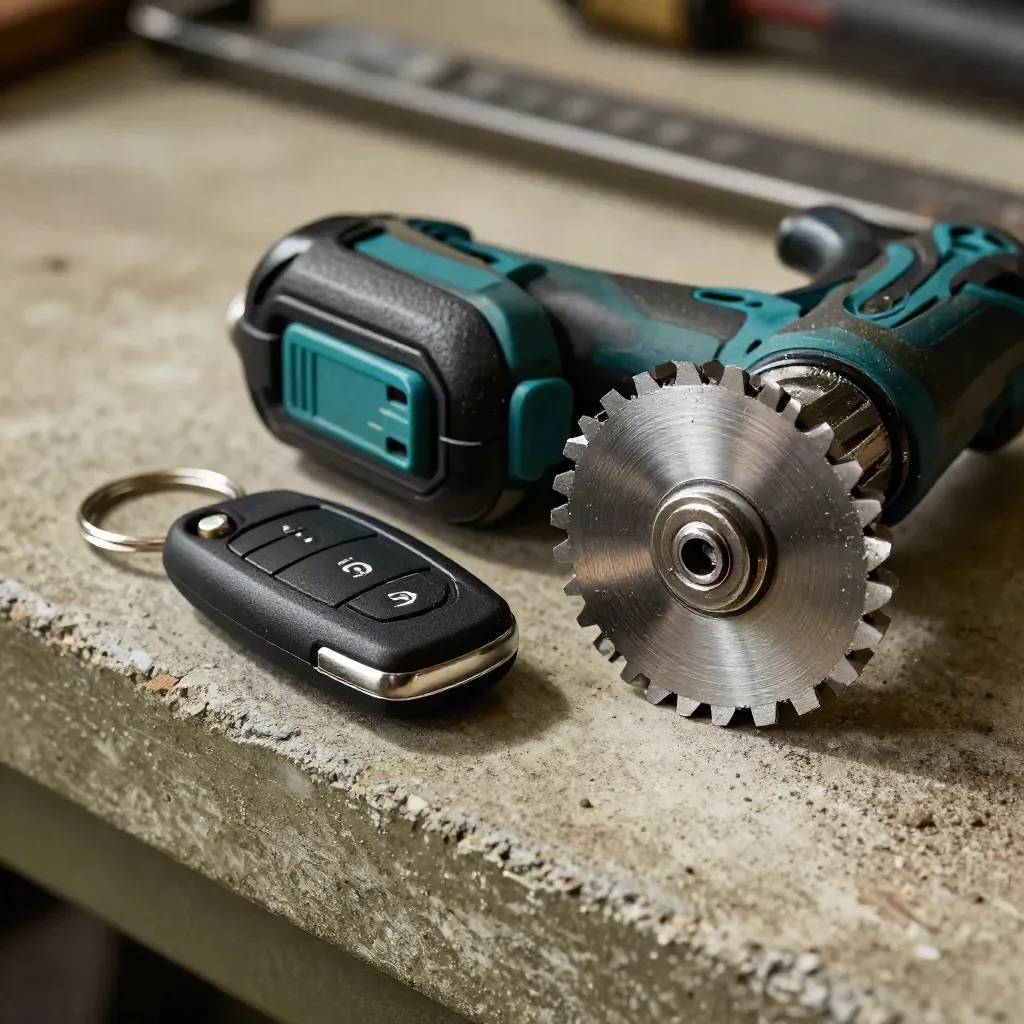 Gritty close-up of a van key fob, drill battery and cutter wheel on a khaki workshop ledge.