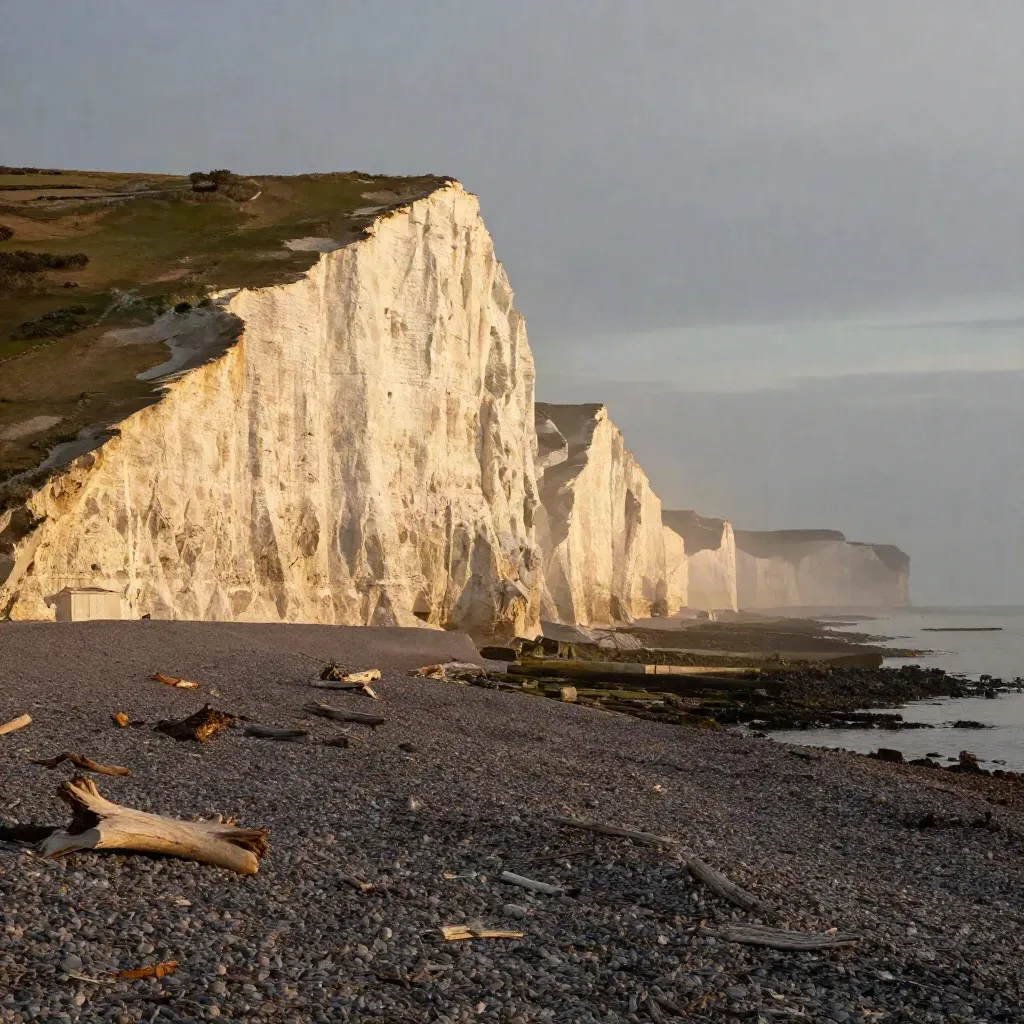 Golden-hour Seven Sisters cliffs above a misty pale Sussex shore